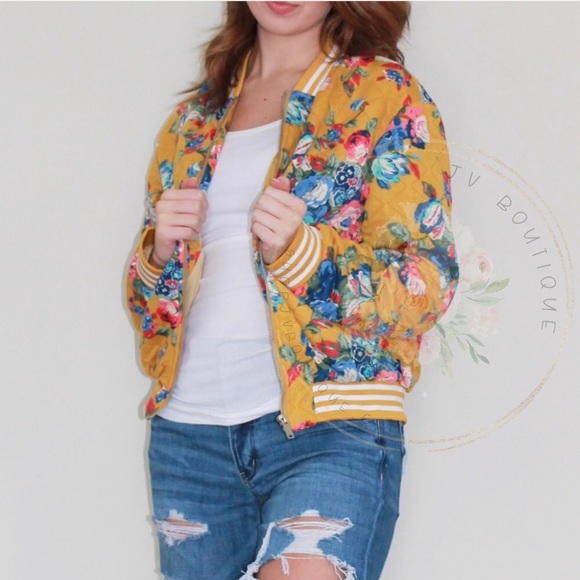 Last One! Mustard Floral Bomber Jacket - Picture 2 of 8